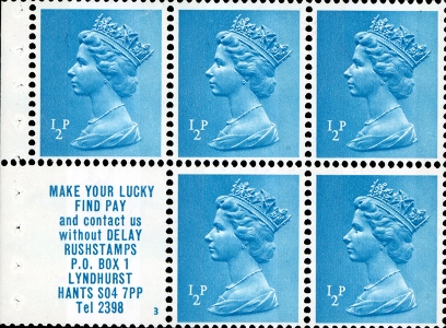 1971 GB - UB25 5 x ½p 2B (H) FCP/PVA Bklt Pane (Lucky Labl) MNH